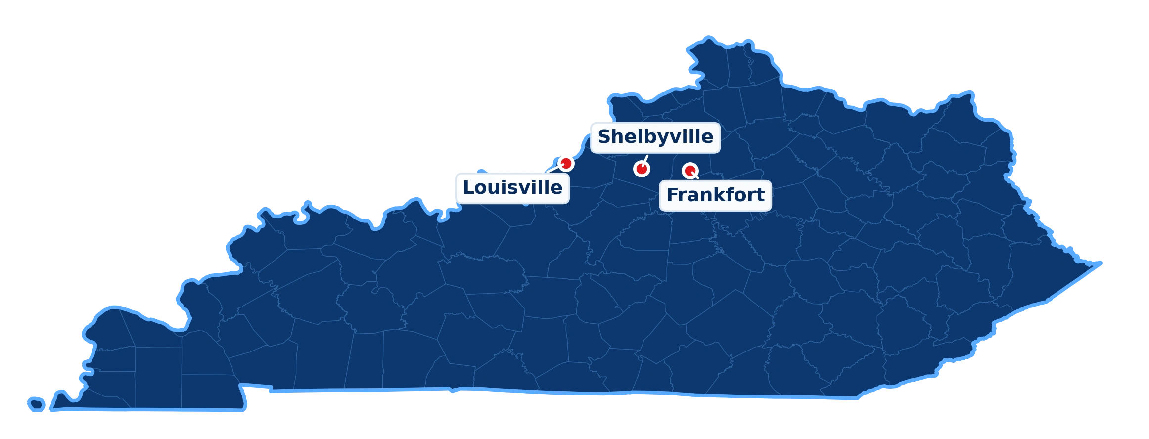 Kentucky service area map showing Louisville and Frankfort